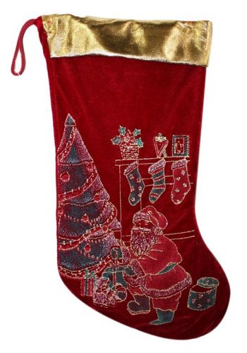 Χριστουγεννιάτικη Βελούδινη Κόκκινη Κάλτσα, με Έλατο και Άγιο Βασίλη από Στρας (40cm)