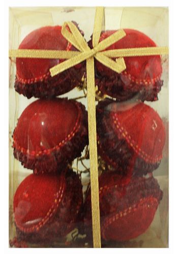 Χριστουγεννιάτικες Κόκκινες Μπάλες,με Κόκκινες Χάντρες - Σετ 6 τεμ. (6cm)