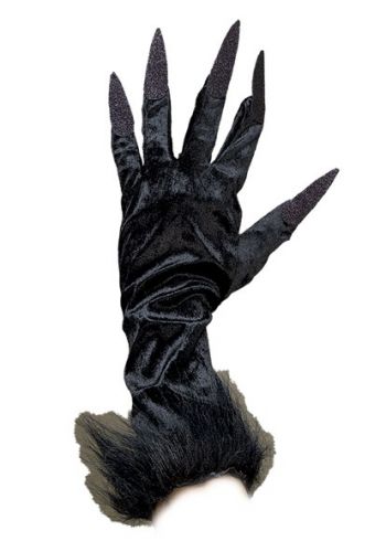 Αποκριάτικο Αξεσουάρ Μεγάλα Μαύρα Γάντια με Νύχια, Στρας και Γουνάκι