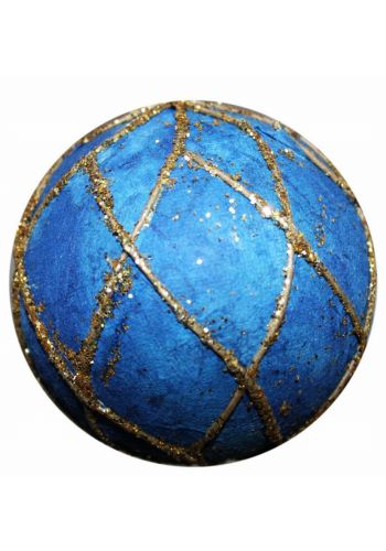 Χριστουγεννιάτικη Πλαστική Μπλε Μπάλα με Χρυσές Ανάγλυφες Λεπτομέρειες, 10cm