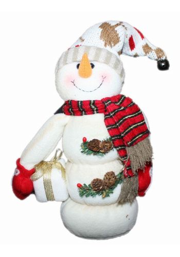 Χριστουγεννιάτικος Λούτρινος Χιονάνθρωπος με Κόκκινο Κασκόλ, Κόκκινα Γαντάκι, Κουκουναράκια και Γκι, 40cm
