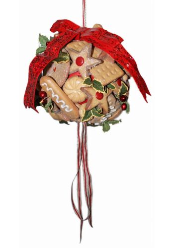 Χριστουγεννιάτικη Μπάλα Οροφής Διακοσμημένη με Μπισκότα, Γκι και Φιόγκο (20cm)