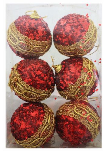 Χριστουγεννιάτικες Κόκκινες Πλαστικές Μπάλες με Χρυσές Λεπτομέρειες και Στρας, 6cm (Σετ 6 τεμ)