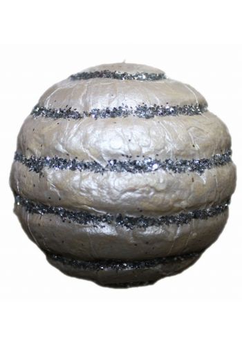 Χριστουγεννιάτικη Λευκή Μπάλα, με Ασημί Οριζόντιες Ρίγες (4cm)