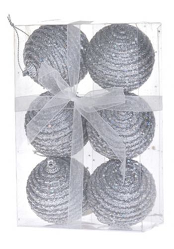 Χριστουγεννιάτικες Πλαστικές Ασημί Μπάλες Ανάγλυφες με Ασημί Λεπτομέρειες, 6cm (Σετ 6 τεμ)