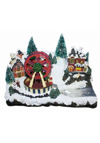 Χριστουγεννιάτικο Κεραμικό Πολύχρωμο Διακοσμητικό Χωριό Φωτιζόμενο με Ρόδα, Έλατα, Σπιτάκια, Χιονάνθρωπο και Φιγούρες, 25cm