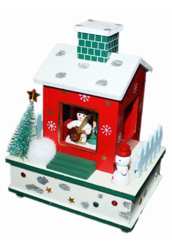 Χριστουγεννιάτικο Διακοσμητικό Κουρδιστό Σπιτάκι με 3 Φιγούρες Μουσικούς, Δεντράκι και Χιονάνθρωπο, 20cm