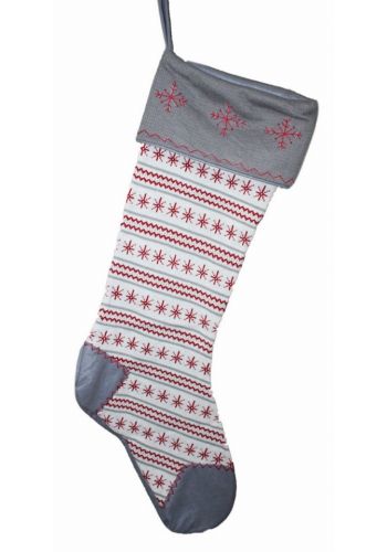 Χριστουγεννιάτικη Γκρι Βελούδινη Διακοσμητική Κάλτσα με Κόκκινες Χιονονιφάδες, 110cm