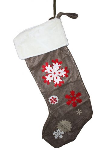 Χριστουγεννιάτικη Βελούδινη Διακοσμητική Κάλτσα σε Καφέ Σκούρο Χρώμα με Γουνάκι και Χιονονιφάδες, 110cm