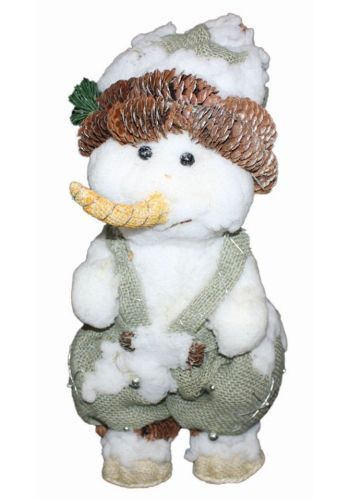Χριστουγεννιάτικος Χιονάνθρωπος Χιονισμένος με Γκρι Ρούχα από Λινάτσα και Κουκουνάρια, 47cm