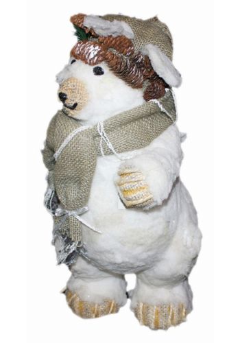 Χριστουγεννιάτικη Όρθια Αρκούδα Στολισμένη με Χιόνι, Κουκουνάρια και Κασκόλ από Λινάτσα, 47cm
