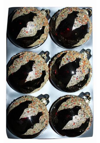 Χριστουγεννιάτικες Γυάλινες Μπάλες σε Καφέ Σκούρο Χρώμα με Χάντρες και Στρας, 8cm (Σετ 6 τεμ)