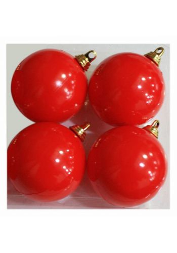 Χριστουγεννιάτικες Πλαστικές Κόκκινες Μπάλες, 10cm (Σετ 4 τεμ)