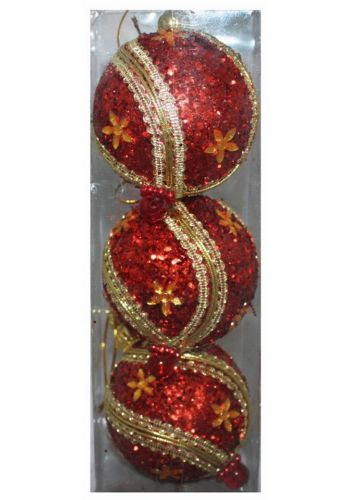 Χριστουγεννιάτικες Κόκκινες Μπάλες, με Χρυσά Σχέδια - Σετ 3 τεμ. (8cm)