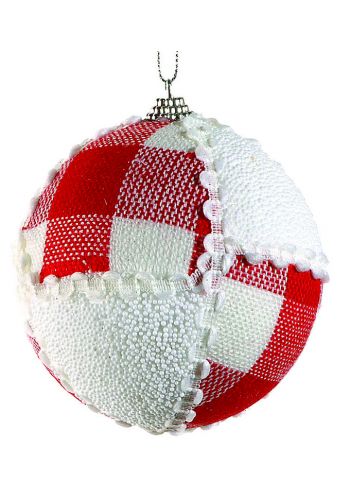 Χριστουγεννιάτικη Λευκή - Κόκκινη Μπάλα Καρό με Πλεχτό (8cm)