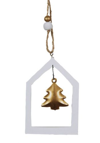 Χριστουγεννιάτικο Στολίδι Ξύλινο Σπιτάκι Λευκό, με Χρυσό Δεντράκι και Χάντρες (20cm)