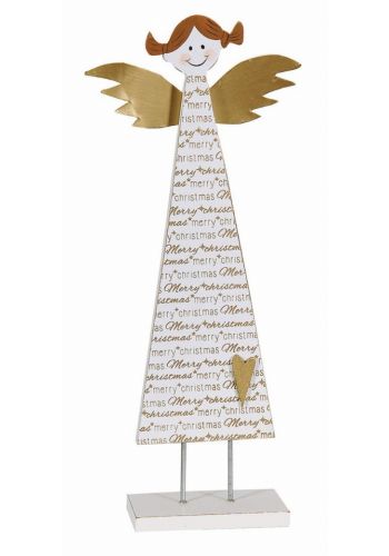 Χριστουγεννιάτικο Ξύλινο Διακοσμητικό Αγγελάκι, με Χρυσά Φτερά και Καρδούλα (31cm)