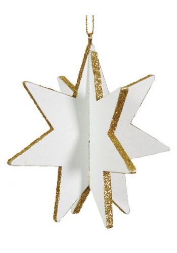 Χριστουγεννιάτικο Κρεμαστό Ξύλινο Αστέρι 3D, Λευκό με Χρυσό (10cm)