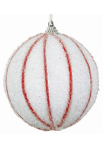 Χριστουγεννιάτικη Λευκή Μπάλα με Κόκκινες Ρίγες από Λινάτσα (8cm)