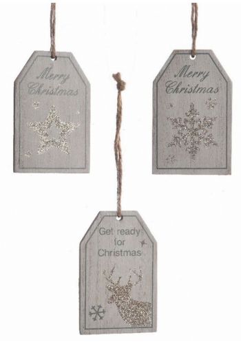 Χριστουγεννιάτικα Κρεμαστά Ξύλινα Ταμπελάκια Γκρι - 3 Σχέδια (8cm) - 1 Τεμάχιο