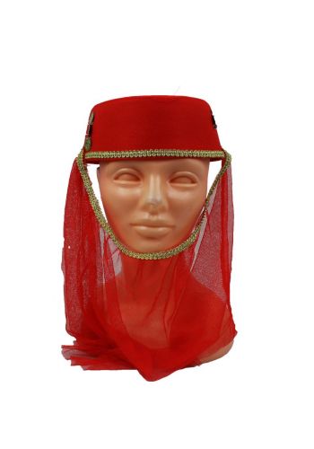 Αποκριάτικο Αξεσουάρ Κόκκινο Καπέλο Χανούμισσας με Χρυσή Δαντέλα και Λύρα