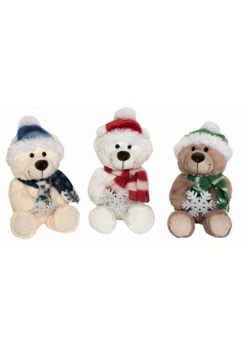Χριστουγεννιάτικα Λούτρινα Αρκουδάκια με Κασκόλ, Σκούφο και Χιονονιφάδα - 3 Χρώματα (20cm)