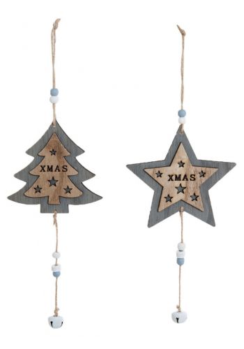 Χριστουγεννιάτικα Κρεμαστά Στολίδια Ξύλινα , με "XMAS" και Κουδουνάκι Πολύχρωμα - 2 Σχέδια (12cm)