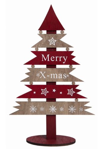 Χριστουγεννιάτικο Διακοσμητικό Ξύλινο Επιτραπέζιο Δεντράκι, Κόκκινο με Eυχές (27cm)