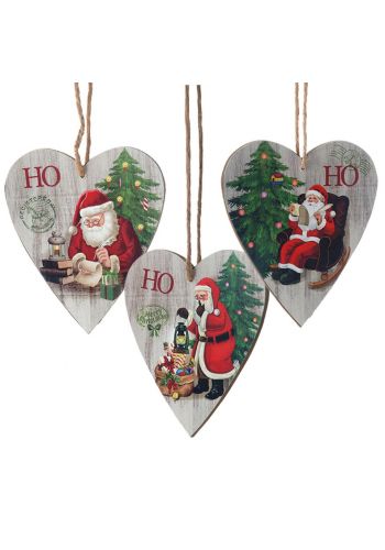 Χριστουγεννιάτικες Κρεμαστές Ξύλινες Καρδιές, με Άγιο Βασίλη σε 3 Σχέδια (12cm) - 1 Τεμάχιο