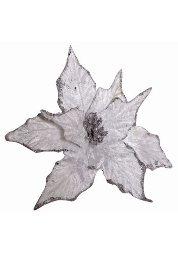 Χριστουγεννιάτικο Διακοσμητικό Λουλούδι, Λευκό με Ασημί Στρας (25cm)