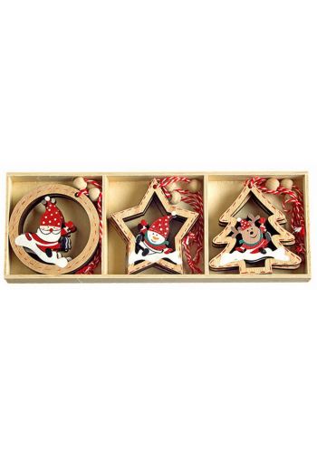 Χριστουγεννιάτικα Ξύλινα Στολίδια Πολύχρωμα, σε 3 Σχέδια - 9 τεμ. (7cm)