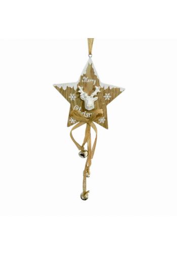 Χριστουγεννιάτικο Κρεμαστό Ξύλινο Αστεράκι, με Κεραμικό Τάρανδο και Κουδουνάκια (40cm) - 1 Τεμάχιο