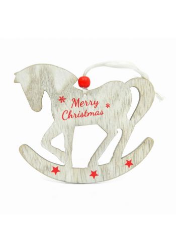 Χριστουγεννιάτικο Κρεμαστό Ξύλινο Αλογάκι, με "merry Christmas" (19cm) - 1 Τεμάχιο
