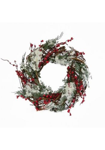 Χριστουγεννιάτικο Ξύλινο Διακοσμητικό Στεφάνι, Χιονισμένο με Γκι (32cm)
