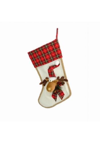 Χριστουγεννιάτικη Διακοσμητική Κάλτσα, Λευκή Καρό με Τάρανδο (40cm)