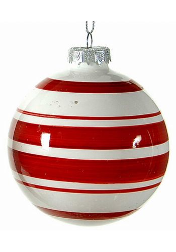 Χριστουγεννιάτικη Γυάλινη Μπάλα Λευκή, με Κόκκινες Ρίγες (10cm)