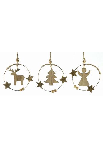 Χριστουγεννιάτικα Ξύλινα Κρεμαστά Στολίδια, με Αστεράκια σε 3 Σχέδια (12cm) - 1 Τεμάχιο
