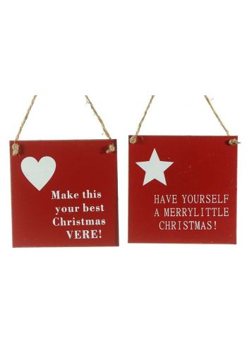 Χριστουγεννιάτικα Ξύλινα Κρεμαστά Ταμπελάκια, Κόκκινα με Ευχές - 2 Σχέδια (10cm)