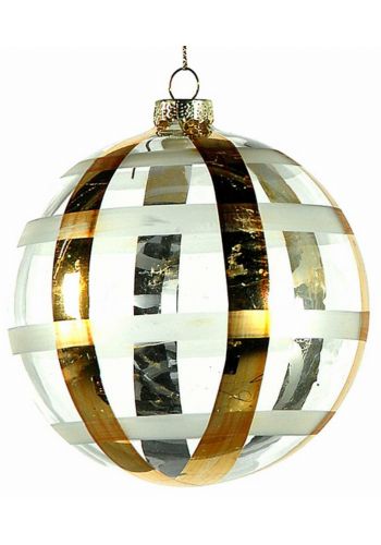 Χριστουγεννιάτικη Μπάλα Γυάλινη Διάφανη, με Χρυσές και Λευκές Ρίγες (8cm)