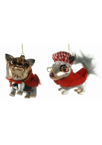 Χριστουγεννιάτικα Κρεμαστά Γυάλινα Στολίδια, Σκυλάκια με Κόκκινο Ρούχο σε 2 Σχέδια (12cm)