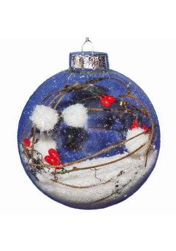 Χριστουγεννιάτικη Γυάλινη Μπάλα Διάφανη, με Κλαδάκια και Χιόνι στο Εσωτερικό (8cm)