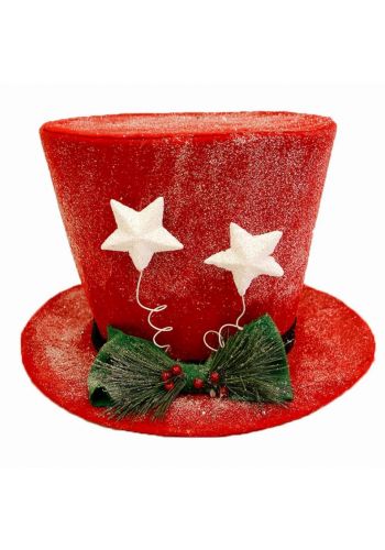 Χριστουγεννιάτικο Κρεμαστό Τσόχινο Καπέλο Χιονισμένο, Κόκκινο με Λευκά Αστεράκια (40cm)