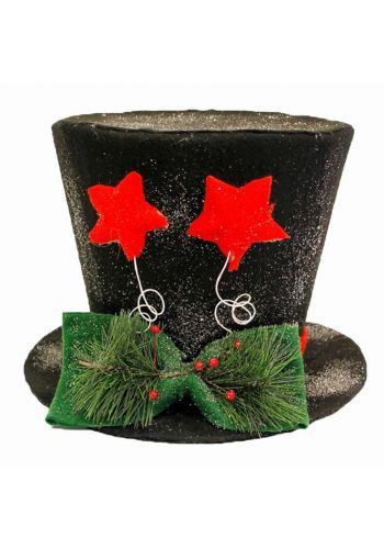 Χριστουγεννιάτικο Κρεμαστό Τσόχινο Καπέλο Χιονισμένο, Μαύρο με Κόκκινα Αστεράκια (30cm)