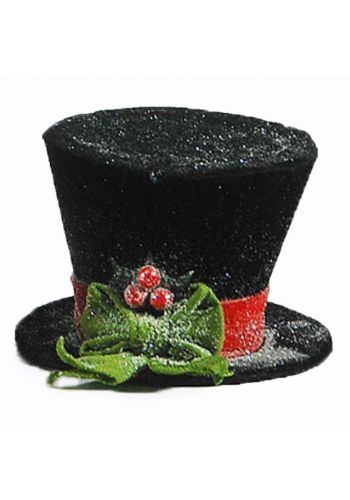 Χριστουγεννιάτικο Τσόχινο Καπέλο Χιονισμένο, Μαύρο με Πράσινο Φιόγκο και Γκι (25cm) - 1 Τεμάχιο