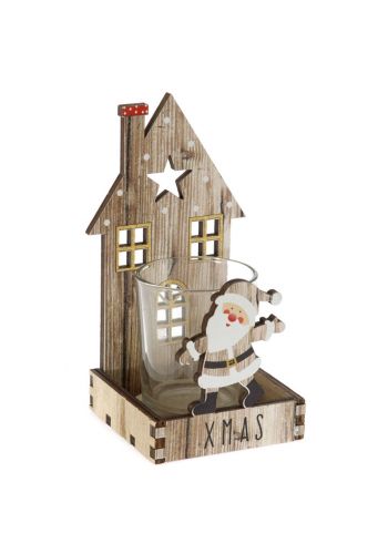 Χριστουγεννιάτικο Ξύλινο Κηροπήγιο, Σπιτάκι με Άγιο Βασίλη και Γυάλινο Βαζάκι (15cm)