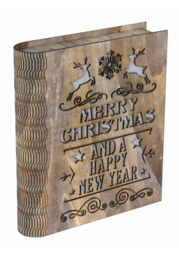 Χριστουγεννιάτικο Ξύλινο Διακοσμητικό Βιβλίο με Ευχές και LED Κάφε (17cm) - 1 Τεμάχιο
