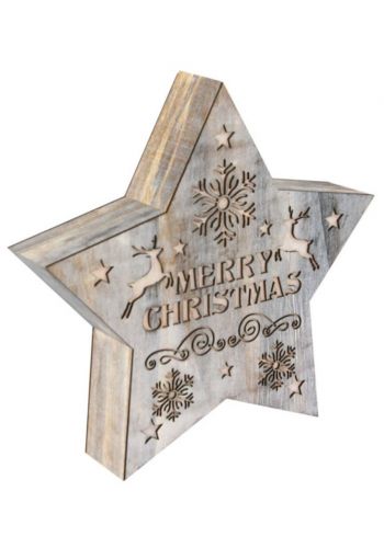 Χριστουγεννιάτικο Ξύλινο Διακοσμητικό Αστέρι "Merry Christmas" και LED Λευκό (24cm)