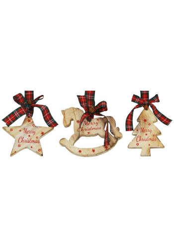 Χριστουγεννιάτικα Ξύλινα Στολίδια Καφέ με "Merry Christmas" και Καρό Φιόγκο (14cm)