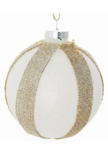 Χριστουγεννιάτικη Γυάλινη Λευκή Μπάλα με Λινάτσα και Γκλίτερ (8cm)