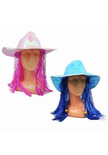 Αποκριάτικο Γυαλιστερό Καπέλο με Μαλλιά σε 2 Χρώματα)